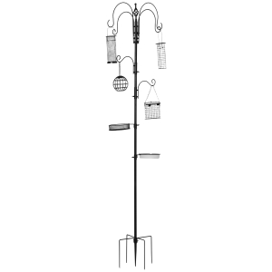 PawHut Hranitoare pentru Pasari cu 6 Carlige si 4 Recipiente pentru Hranire din Otel, 58x58x226cm