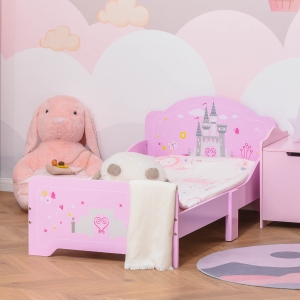 HOMCOM Pat pentru Copii cu Laterale din Lemn Varsta 3-6 Ani 143x73x60cm Roz
