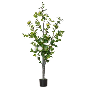 HOMCOM Planta Artificiala Arbore Camelia cu Ghiveci si 25 Flori pentru Interior si Exterior, Inaltime 150cm - Verde/Alba