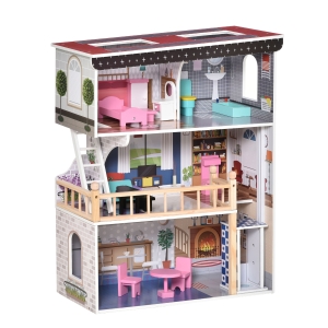 HOMCOM Casa din Lemn pentru Papusi cu 3 Etaje cu Ascensor, cu Scari si 13 Accesorii pentru Copii de 3-6 Ani, 60x30x80cm - Roz