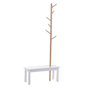 Homcom Banca cu Cuier in Bambù, Culoare Alb si Lemn, 80x30x180cm