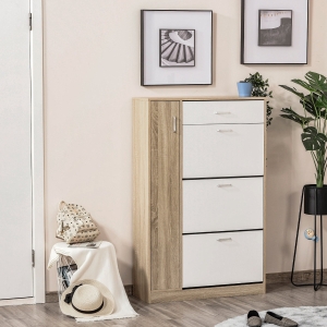 HOMCOM Dulap pentru Incaltaminte care Economiseste Spatiu cu 3 Usi si Rafturi Reglabile, Sertar si Dulapior, 84x30x132cm Stejar/Alb