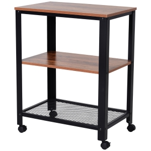 Homcom Carucior Etajera Pentru Obiecte cu Rotite 3 Rafturi Stil Industrial din Metal si Lemn Negru si Maro 60 x 40 x 76.5cm
