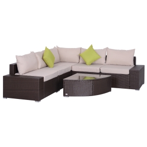 Outsunny Set Salon de Gradina din Rattan din PE de 6 Piese, Canapea cu Perne si Masuta cu Raft de Sticla