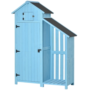 Armoire abri de jardin avec range-bûches toit bitumé bois sapin traité bleu