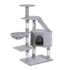 PawHut Rascador Árbol para Gatos Rascador de Gatos Barato con Postes Escalera Cueva Espaciosa Hamaca Plataformas Centro de Actividades Sisal Natural 55x40x125cm Gris