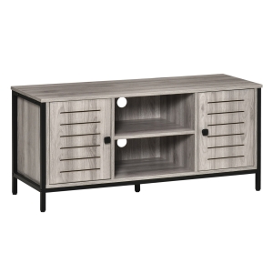 HOMCOM Mueble de TV para Televisores de hasta 50 Pulgadas Mesa de Salón Estilo Industrial con 2 Puertas Cerrados de Persiana y 2 Estantes Abiertos 110x40x50 cm Gris Roble