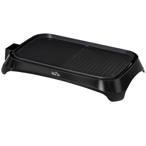 HOMCOM Plancha de Asar Eléctrica Cocina 1600W Aluminio con Temperatura Regulable Superficie de 40,6x25,2 cm Revestimiento Antiadherente y Bandeja de Goteo 53,5x31x8 cm Negro
