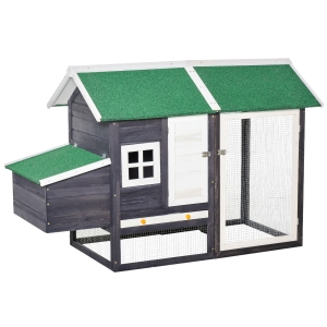 PawHut Gallinero de Madera Exterior Jaula Cercada para Gallinas con Caja Nido Corral de Metal Techo Asfáltico Bandeja Extraíble Ventana y Rampa 170x81x110 cm Gris