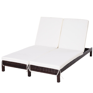 Outsunny Conjunto de Tumbona Exterior de Ratán 2 Plazas con Cojines Acolchados Resistente al Agua con Respaldo Regulable de 5 Niveles Soporta 220 kg 195x120x28 cm Marrón