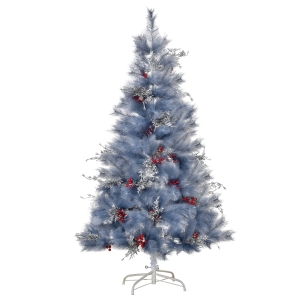 HOMCOM Árbol de Navidad Artificial 150 cm con 222 Ramas Ignífugas 36 Sets de Bayas Decorativas y Hojas Plateadas Árbol de Pino Navideño con Base Plegable Soporte de Metal Gris