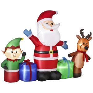 HOMCOM Papá Noel Inflable Decoración Navideña Elfo y Reno con 6 Luces LED Inflador Eléctrico Impermeable para Exteriores Interiores 203x50x153 cm