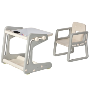 HOMCOM 2 en 1 Pupitre Infantil con Pizarra Juego de Escritorio Convertible y Silla para Niños de 1-3 Años con 3 Rotuladores y 1 Borrador 65x48x66,7 cm Gris y Blanco