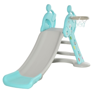 HOMCOM Tobogán para Niños +18 Meses Plegable con Canasta de Baloncesto Modelo Jirafa Juguete Infantil para Interiores y Exteriores 147x82x85,5 cm Azul y Gris