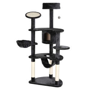 PawHut Árbol para Gatos Rascador de Gatos Barato Estable Centro de Actividades para Mascotas con Postes Rascadores Tableros Caja Hamaca Canasta Sisal Peluche 65x50x155 cm Gris Oscuro