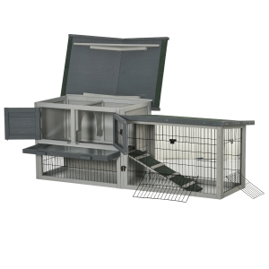 PawHut Coelheira de Madeira Exterior Gaiola Grande para 2 Coelhos de 2 Níveis com Teto Asfáltico Retrátil Cerca de Metal Bandeja Removível e Rampa 154,5x52,5x68,5 Cinza