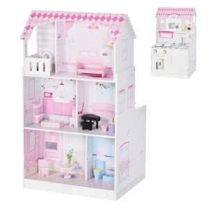 HOMCOM 2 en 1 Cocinita de Juguete Casa de Muñecas 3 Pisos con Espacio de Almacenaje 12 Accesorios Incluidos Juego de Rol Multifuncional 60x48x106 cm Rosa
