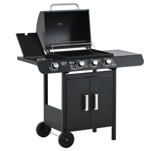 Outsunny Barbacoa de Gas BBQ con 3+1 Quemadores 11,6 KW 2 Mesas Laterales Armario de 2 Puertas Termómetro y 2 Ruedas Acero Inoxidable 110x50x100 cm Negro