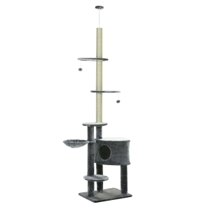 PawHut Árbol Rascador para Gatos Rascador de Gatos Barato de 220-245 cm Altura Ajustable al Techo con Plataformas Bolas de Juego Poste de Sisal Natural Gris Oscuro