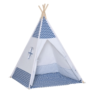 HOMCOM Tenda Tipi para Crianças acima de 3 Anos Tenda Infantil de Madeira Portátil com Janela Almofada e Bolsa de Transporte para Interiores e Exteriores 120x120x155cm Azul