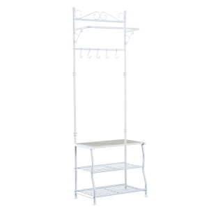 HOMCOM Garderobenständer Kleiderständer Garderobe mit 3 Schuhablagen 5 Haken Flur Stahl Weiß L60 x B35 x H175cm