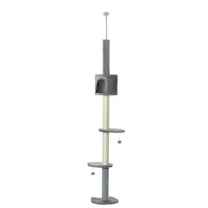 PawHut Árbol Rascador para Gatos Rascador de gatos Baratos Rascador para Fijar al Techo Altura Ajustable 220-280 cm con Plataformas Cueva Postes de Sisal Bolas Colgantes Gris Claro