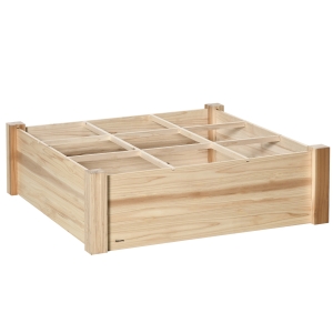 Outsunny Jardinera Macetero de Madera Cuadrada con 9 Compartimentos Extraíbles Arriate de Jardín para Cultivos Plantas Flores 90x90x28 cm Natural