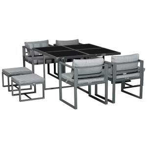 Outsunny Sitzgruppe Gartentischset Gartenmöbel Metall 9 teilig 4 Stühle 4 Hocker Tisch Esstisch Polyester Glas Grau