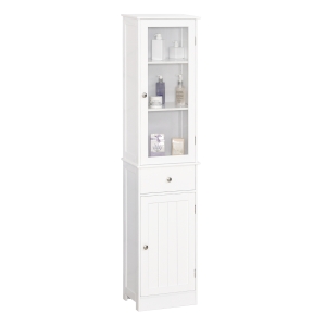kleankin Badezimmerschrank, Badschrank, Vitrine, Küchenschrank mit Schublade, Regale, MDF, Acryl, 40 x 27 x 171,5 cm, Weiß