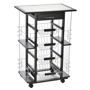 HOMCOM Servierwagen auf Rollen, Küchenwagen, Rollwagen, Arbeitsplatte aus Kiefer, Schwarz, 57 x 37 x 83 cm