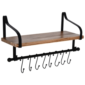 HOMCOM Wandregal Schweberegal Wandboard mit 8 Haken für Badezimmer, Küche und und Kochutensilien, Massivholz, Schwarz+Natur, 48 x 18,5 x 21 cm