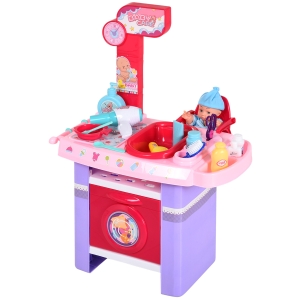 HOMCOM Pflegecenter für Puppen Puppenpflege-Station Spielcenter mit Puppenstuhl Badewanne 28-Teilige Zubehör Rosa ab 3 Jahre 52x30,5x72 cm