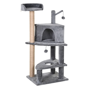 PawHut Kratzbaum mit Spielbällen, Katzenkratzbaum, Katzenhaus, Jutesäule, Grau, 50 x 40 x 112 cm