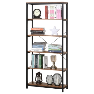 HOMCOM Bücherregal mit 5 Fächer, Standregal, Industriestil, Wohnzimmer, Schlafzimmer, Büro, E1 Spanplatte, Braun, 80 x 30 x 180 cm