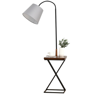 HOMCOM Stehlampe Stehleuchte Standleuchte mit Lagerregal, Kiefernholz+Sthal, 36x36x165cm (Braun+Grau+Schwarz)