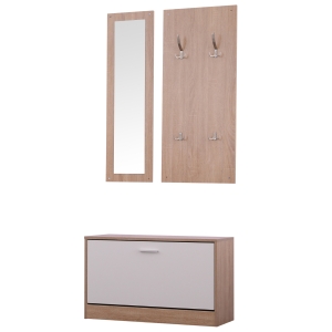 HOMCOM 3-teiliges Garderoben-Set Flurgaderobe mit Schuhschrank Garderobe Wandspiegel 4 Haken Natur 30 x 100 cm (Spiegel)