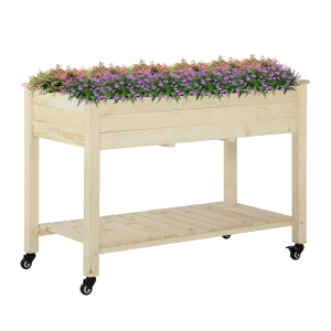 Outsunny Hochbeet mit rädern Pflanztisch Blumenkasten mit Abfluss Massivholz Vliesstoff Natur 118 x 55 x 83 cm