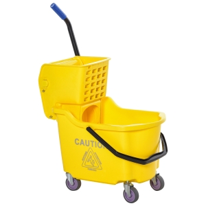 HOMCOM Putzwagen Putzeimer mit großer Kapazität tragbarer Fahreimer mit Roll Wasserschild Henkel Abwasserauslass-Design Seitendruckenwringer PP Kunststoff Metall gelb 60 x 36 x 84 cm