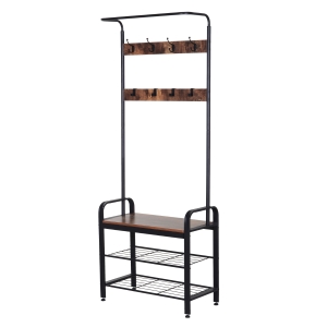 HOMCOM Garderobenständer Schuhregal Kleiderständer mit 8 Haken 2 Ablagen MDF Schwarz 72 x 34 x 185 cm
