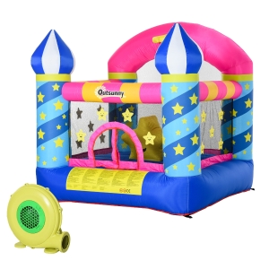 Outsunny Aufblasbare Hüpfburg mit Rutsche für 2 Kinder Burg Springburg mit Gebläse Spielburg Spielhaus für 3-12 Jahre Kindergarten Oxford-, Polyester-Gewebe Blau+Gelb+Rosa 195 x 195 x 215 cm