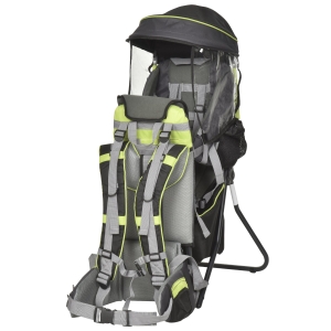 HOMCOM Kraxe Kindertrage für Reise Kinderrückentrage mit Sonnenschutz für 6-36 Monate Tragesitz bis 20 kg Aluminium Oxford Grün+Schwarz 38 x 77 x 87,5 cm