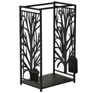 HOMCOM Kaminholzständer mit Kaminbesteck, Brennholzregal, Feuerholzablage, Kaminwerkzeug, Stahl Schwarz 46 x 29 x 70 cm
