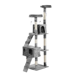 PawHut Árbol Rascador para Gatos Barato de Múltiples Niveles con Cuevas Escaleras Juguetes Colgantes Camas Centro Actividades Sisal 50x50x170 cm Gris