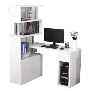 HOMCOM Schreibtisch in L-Form/I-Form Eckschreibtisch Computertisch Kombination-Tisch mit Bücherregal und Schublade Wabenplatte Edelstahl Weiß 120x80x164 cm