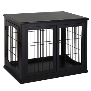 PawHut Jaula para Perros Grande de Madera con Superficie de Mesa 2 Puertas y Rejillas de Metal 58,5x81x66 cm Negro