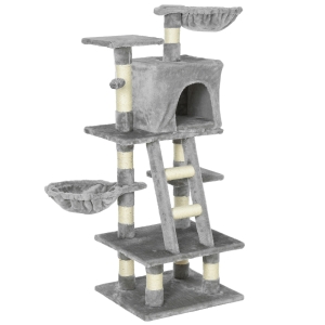 PawHut Kratzbaum mit Katzenhöhle Hängematte Mehrstufiger Katzenbaum Kletterbaum für Katzen E1 Spanplatte Sisal Grau 80 x 55 x 125 cm