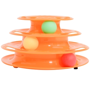 PawHut Katzen Spielturm Spielzeug Kugelbahn Kreisel mit 3 Bällen 3 Etagen Orange L25 x B16 x H13 cm
