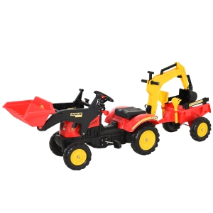 HOMCOM Trettraktor Tretauto Tretbagger mit Fontlader für 3-6 Jahre Bagger Kinder Stahl Kunststoff Rot 179 x 42 x 59 cm