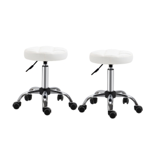 HOMCOM 2er-Set Rollhocker Drehhocker mit Rädern Arbeitshocker höhenverstellbar drehbar Salon Hocker Salonstühle Kunstleder Weiß Ø35,5 x 48-63H cm