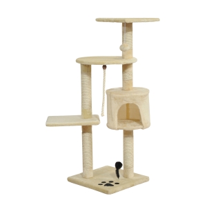 PawHut Katzenbaum, Kratzbaum mit Sisalsäulen, Katzenkratzbaum, Katzen Kletterbaum mit Höhle, Spielbälle, Beige, 75L x 40B x 112H cm